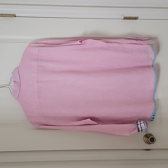 Report Collection, Size XL Pink Linen Button Down Shirt with Blue Accents - Picture 3 of 11